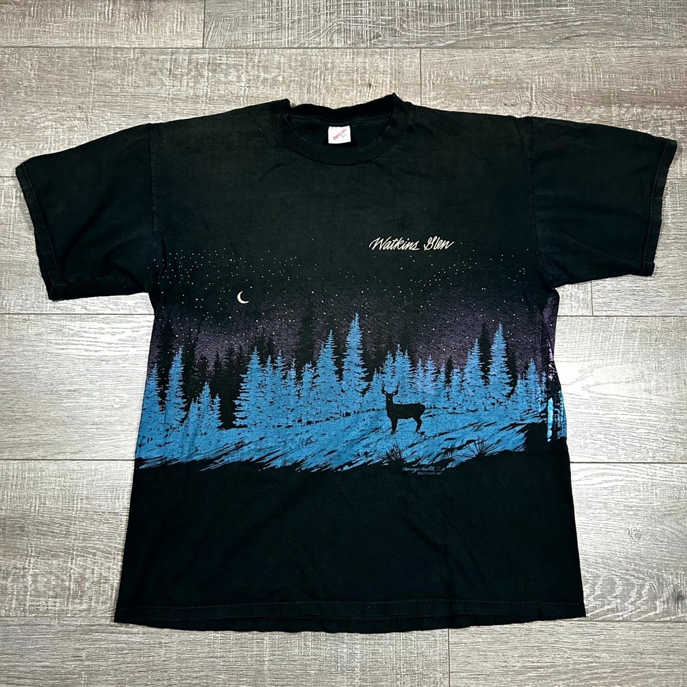 VTG‎ 90s Jerzees T-Shirt Men's XL Black Watkins Glen Deer Nature Tree Sky Star
